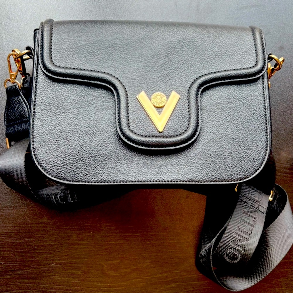 Valentino Orlandi Black and Gold Shoulder Bag and Wallet with Elegant V Accent